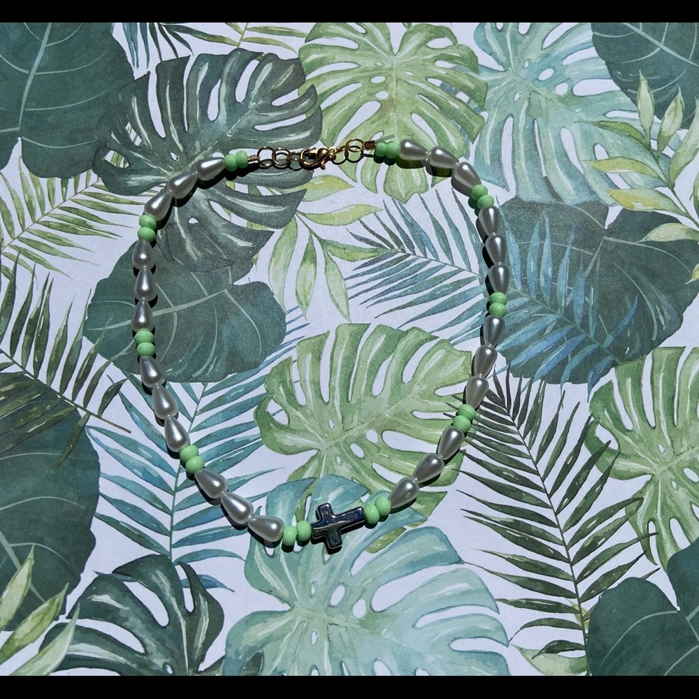 Handmade beaded and cross choker